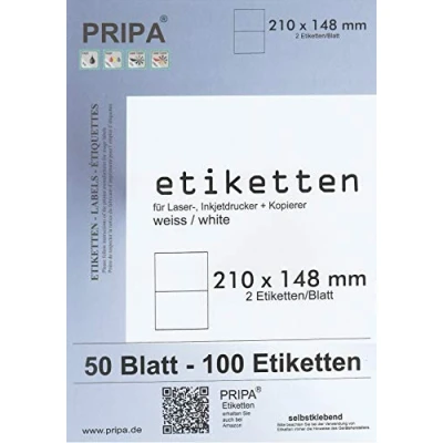 Abbildung von pripa Etiketten 210 x 148 mm A5 50 Blatt DIN Selbstklebende 100