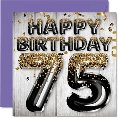 Abbildung von Geburtstagskarte zum 75. Geburtstag für Männer schwarze und goldene Glitzerballons Happy Karten 75 Jahre alten Mann Papa Great Grandad Grandpa Gran 145 mm Siebzig 5. Grußkarten Geschenk