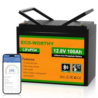 Abbildung von ECO WORTHY Bluetooth Lithium Akku, 12 V, 100 Ah, LiFePO4 Akku mit Niedrigtemperaturschutz, BMS Intelligent, 1280 Wh, Energie, für Wohnwagen, Wohnmobil, Solarsystem, Angelschnur