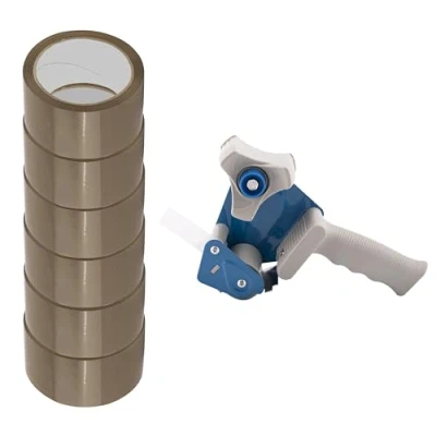 Abbildung von D.RECT Paketbandabroller, Klebebandabroller, Paketklebeband 6er Pack Paketband HOT MELT 50m x 48mm zum Verpacken von Paketen und Versandschachteln, Umzug 6 Rollen, Braun