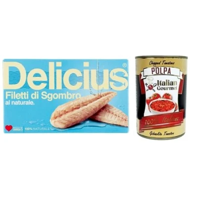 Abbildung von 25x Delicius Filetti di Sgombro al Naturale,Natürliche Makrelenfilets,reich an Omega 3,Hochwertiger Blauer Fisch,125g + Italian Gourmet Polpa Pomodoro 400g Dose