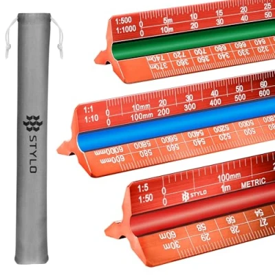 Abbildung von 30 cm Aluminium Architektonisches Lineal, dreieckig, Metrische Skalen 1:20, 1:25, 1:50, 1:75, 1:100, 1:125, Ideal für Architekten, Studenten, Zeichner, Ingenieure (Rot, Einheiten)