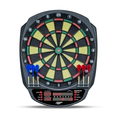 Abbildung von Carromco Dartscheibe elektronisch, 3 Loch, STRIKER 401, rot grün beige schwarz für 1 8 Spieler mit Pfeilen und Netzteil, 34 Spielen/584 Variationen (inkl. Cricket)