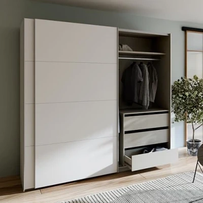Abbildung von Schwebetürenschrank weiß 220 cm 2 türig SCHACH&amp;MATT