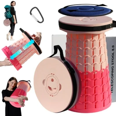 Abbildung von ALEVMOOM Verbesserter Dickerer Zusammenklappbarer Hocker,Teleskophocker mit Kissen, Einziehbarer Klapphocker für Erwachsene zum Campen im Freien und Angeln, Höhe 50cm, Maximale Belastung 450kg