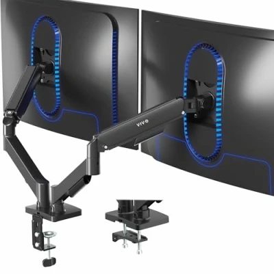 Abbildung von VIVO Doppelarm Monitor Tischhalterung, höhenverstellbar, neigbar, schwenkbar, Gegengewicht, pneumatischer Ständer, VESA Halterung, passend für die meisten Bildschirme bis zu 81,3 cm, klassisch,