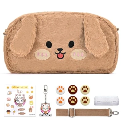Abbildung von Switch Tasche für NS Switch, innoAura 11 in 1 Zubehör Bundle mit Hülle, Spielhülle, Daumenkappen, Abnehmbarer Schultergurt, Niedlicher Anhänger (Brauner Hund)