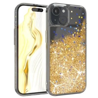 Abbildung von EAZY Case Glitzer Hülle kompatibel mit iPhone 15 Handyhülle für Silikon leichtes Shiny Cover stoßfestes Phone als Fallschutz in Klar Transparent/Gold