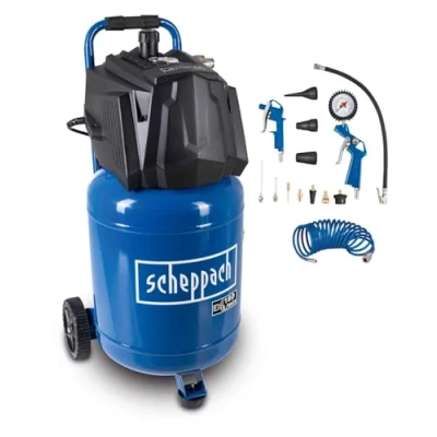 Abbildung von Scheppach Druckluft Kompressor stehend HC35V 10bar Druck 30L Kessel 230V / 1500W Ansaugleistung 180 l/min ölfrei &amp; wartungsarm Druckminderer 2 Kupplungen inkl. 14 tlg. Zubehörset
