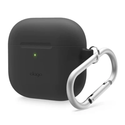 Abbildung von elago Silikon Hülle Kompatibel mit AirPods 4. Generation 4 Hülle, Karabiner Inklusive, Unterstützt Kabelloses Laden, Stoßfest, Voller Schutz