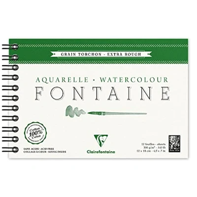 Abbildung von Clairefontaine 96319C Aquarellblock Fontaine (mit Doppelspirale, 12 Blatt, Grobkorn Torchon, 100% Hadern, ideal für Nasstechniken, 300g, x 18 cm) weiß