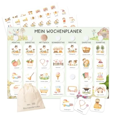 Abbildung von JEKA Wochenplaner Kinder mit Klettpunkten, Montessori Tagesplan 350 Routinekarten visueller Routineplaner für Kinder, Familienplaner mehr Struktur im Alltag (Bauernhof)