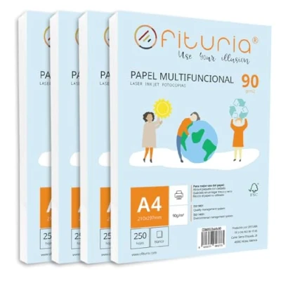 Abbildung von Packung mit 1000 weißen DIN A4 Blättern, 90g Druckerpapier. Multifunktionales Kopierpapier für Schule und Büro. Ideal Laserdrucker, Tintenstrahldrucker oder Kopierer Ofituria