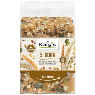 Abbildung von Dr. Karg’s Knäckebrot 5 Korn knusprig, vegan, mit Hafer, Dinkel, Roggen, Weizen &amp; Gerste, reich an Ballaststoffen, Sauerteig ohne Zusatzstoffe, 10x200g