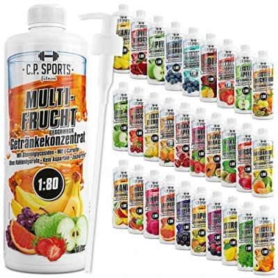 Abbildung von C.P. Sports Getränkesirup für Mineraldrink I Sirup zuckerfrei Vital Drink MULTIFRUCHT mit Vitaminen Getränkekonzentrat zum Mischen Wasser Sport Getränk 1 Liter + Pumpspender