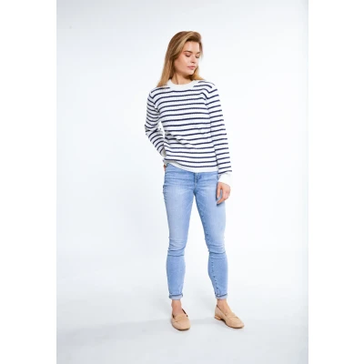 Abbildung von Dreimaster Strick Pullover Damen Wollweiss Marine