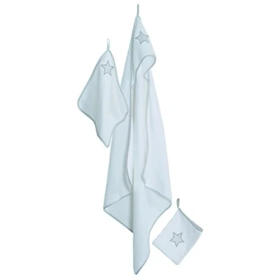 Abbildung von roba Handtuch Set &#039;Little Stars&#039; für Babys 3 teiliges Kapuzenhandtuch Kinder + 2x Waschlappen Frotee Baumwolle Weiß / Stern Motiv