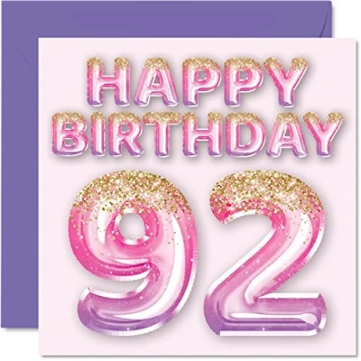 Abbildung von Stuff4 Geburtstagskarte zum 92. Geburtstag für Frauen rosa und lila Glitzerballons Happy Karten 92 Jahre alte Frau Mama Great Nanny Grandma Gran, 145 mm x Grußkarten Geschenk