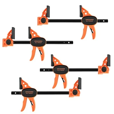 Abbildung von Jorgensen Schraubzwingen Set Profi Einhandzwingen 4 Stück, Spannweite 150mm, Dehnbereich bis zu 290mm Spannkraft 68kg, Maultiefe 62mm, aus Stahl und Nylon für präzises Fixieren