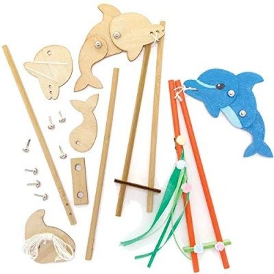 Abbildung von Baker Ross FE237 Tauchende Delphin Holzpuppe, 3 Stück, Holzbasteln für Kinder zum Dekorieren und Ausstellen, Lernaktivität