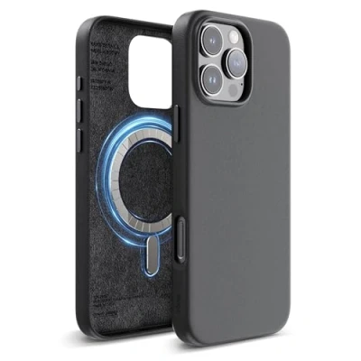 Abbildung von elago Magnetisch Leder Hülle Kompatibel mit iPhone 16 Pro Max 6,9 Zoll, Allen MagSafe Zubehör, Eingebaute Magnete, Veganes Leder, Stöße, Wasserfest (Schwarz)