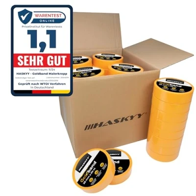 Abbildung von HASKYY Goldband Malerkrepp Kreppband 20x Malerband 30mm x 50m Profi Abdeckband Malertape Klebeband Washi Tape Gold Papiertape Selbstklebend