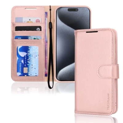 Abbildung von TECHGEAR hülle iPhone 15 Pro Max Leder klappbar, PU Flip Schutzhülle Ledertasche [Brieftasche] Handyhülle mit Ständer und Handschlaufe Rosa Kompatible