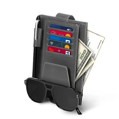 Abbildung von Londo Leder Sonnenblende Organiser Auto Innenraum Beiwerk mit Kreditkartenfächern, Stifthalter, Brillenfach und Fach für die Fahrzeugpapiere (Grau)