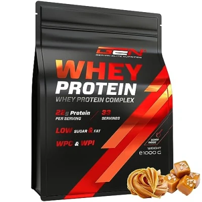 Abbildung von Whey Protein Pulver 1000 g (Peanut Butter Salted Caramel) mit Isolate Anteil Instant lösliches Eiweiss BCAA &amp; EAA German Elite Nutrition