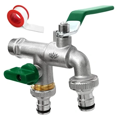 Abbildung von SHYNE Premium 1/2 Zoll Doppel Wasserhahn aus Messing rost , und frostsicher + 2X Gratis Schlauchanschlüsse PTFE Band Ebook für Garten, Waschmaschine, Regentonne (2er Pack)