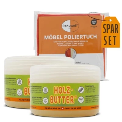 Abbildung von Renuwell Holz Butter (2x 250 ml) &amp; Möbel Poliertuch (1 Stück) Intensive Pflege Politur für Holz, und mehr
