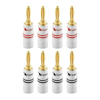 Abbildung von Nakamichi 24K vergoldeter Bananenstecker 12 AWG 18 Gauge Größe 4mm für Lautsprecher Verstärker Hi Fi AV Receiver Stereo Heimkino Audiokabel Stecker schraubbar 8 Stück (4 Paare)