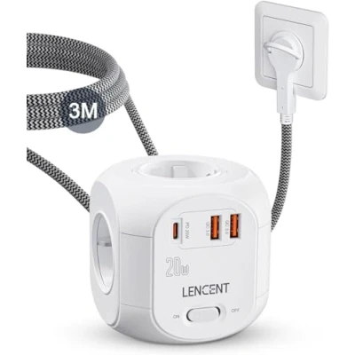 Abbildung von LENCENT 4 Fach Steckdosenleiste Flachstecker Steckdosenwürfel Typ C PD20W Mehrfachsteckdosen 7 in 1 Cube Steckdose mit 2USB3.0&amp;1PD20W, Steckerleiste 3 Meter Geflochtenem Kabel für Wandsteckdose