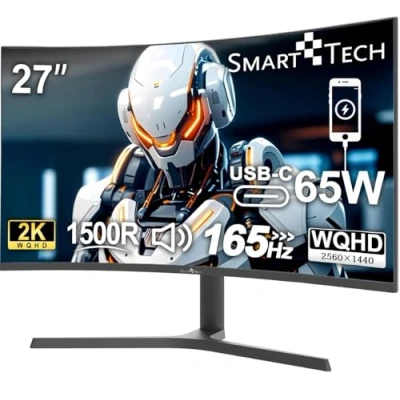 Abbildung von SMART TECH 27 Zoll Gaming Monitor WQHD (2560 * 1440), 165Hz Curved, 2k, USB C 65W, Mit Zwei Lautsprechern, 1ms, FHD,16.7M(8 bit), FreeSync, DP HDMl Anschlisse (Mit HDMI&amp;USB C&amp;DP Kabel)