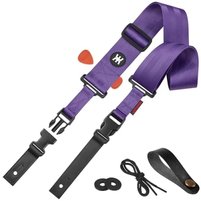 Abbildung von Amumu Nylon Gitarrengurt, Schnellverschluss Schnalle &amp; Premium Leder Enden, Verstellbare Länge 40&quot; bis 64&quot; für E Gitarre, Akustikgitarre Bass, mit Gurtblöcken Kopfplatte
