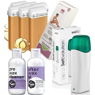 Abbildung von Kosmetex Wachswärmer Argan Waxing Set für Haarentfernung, 6x Wachspatronen Kit Roll On I 1x Gerät, Vliesstreifen, Haut Reiniger, After Wax Öl je 150ml