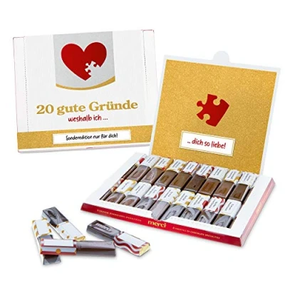 Abbildung von SURPRISA Aufkleber Set &#039;20 Gründe&#039; für Merci Schokolade, Die persönliche Liebeserklärung, kreatives Geschenk Freund Freundin Mann Frau zum Valentinstag