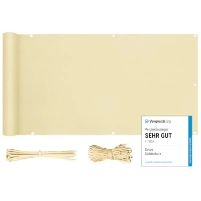 Abbildung von Sekey Balkon Sichtschutz Balkonabdeckung Balkonverkleidung blickdichte Wind und UV Schutz, 100% Privatsphäre, mit Ösen, Nylon Kabelbinder Kordel, 120 x500cm Beige