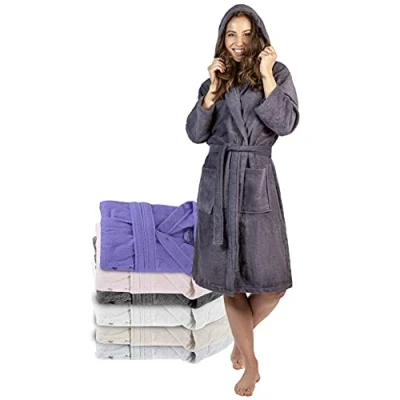 Abbildung von Bademantel Damen 100% Baumwolle (350g/m²) OEKO TEX® Zertifiziert Morgenmantel mit Kapuze, 2 Taschen, Gürtel DarkGrau XL