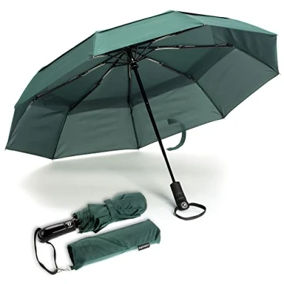Abbildung von Ergonauts Reise Regenschirm, Winddicht, belüftet, mit doppeltem Schirmdach Teflon Beschichtung, ergonomischem Griff und Schutzhülle. Tragbar, kompakt, faltbar leicht (Waldgrün)