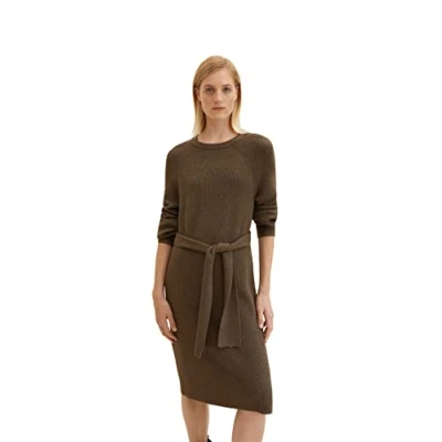 Abbildung von TOM TAILOR Damen Strickkleid mit Bindegürtel 1034084, 30668 Tarmac Khaki Melange, 42