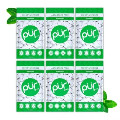 Abbildung von PUR Gum Zuckerfreier Kaugummi 100% Xylit Vegan, Aspartamfrei &amp; Glutenfrei Natürlicher Mit Spearmint Geschmack, 55 Stück (6er Pack)