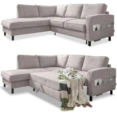 Abbildung von MIUFORM Wohnlandschaft L Form mit Schlaffunktion, Sofa Schlaffunktion Big Couch Ecksofa und Bettkasten Salz Pfeffer