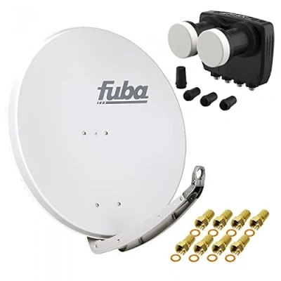 Abbildung von Digital Sat Anlage 2 Satelliten Astra/Hotbird 4 Teilnehmer Fuba DAA850G Schüssel 85cm hellgrau + DUR line MB6 QS Monoblock Quad LNB 6 (DVB S2, HDTV, 4K/8K, 3D) 8xF Stecker vergoldet