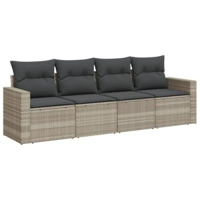 Abbildung von vidaXL Garten Sofa Garnitur 4 TLG., Gartenmöbel Set mit Kissen Stauraum, Sitzgruppe für Terrasse, Modular Gartensofa Lounge, Hellgrau Poly Rattan