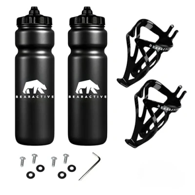 Abbildung von Bearactive Fahrradflaschenhalter mit Fahrradflasche, 750 ml, BPA frei, auslaufsicher, Ventildeckel, leichte Kunststoff Flasche Schrauben für Rennrad und Mountainbike, 2 Stück