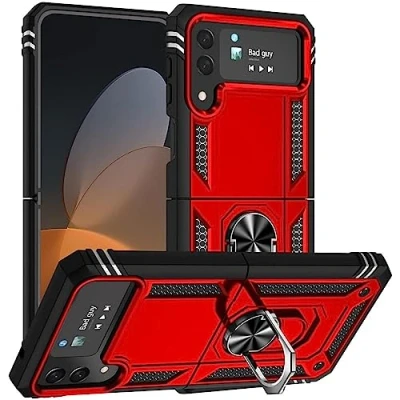 Abbildung von Verco Hybrid Armor Shield Case für Samsung Galaxy Z Flip 3 Hülle, extrem robust mit Magnet Fingerring Halter Handyhülle Panzerhülle, Rot