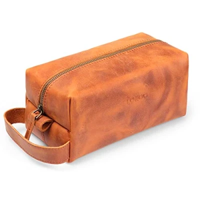 Abbildung von Londo Echtleder Reisetasche, Kulturtasche, Kosmetiktasche, Waschtasche Unisex (Kamel)
