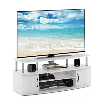 Abbildung von Furinno JAYA Großes Entertainment Center für bis zu 55 Zoll Fernseher, Weiße Eiche, Edelstahlrohre