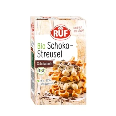 Abbildung von RUF Bio Schoko Streusel mit min. 32% Kakaoanteil, Dekor in Qualität, als Topping für Waffeln, Eis, Muffins und Kuchen, glutenfrei vegan, 1x150 g